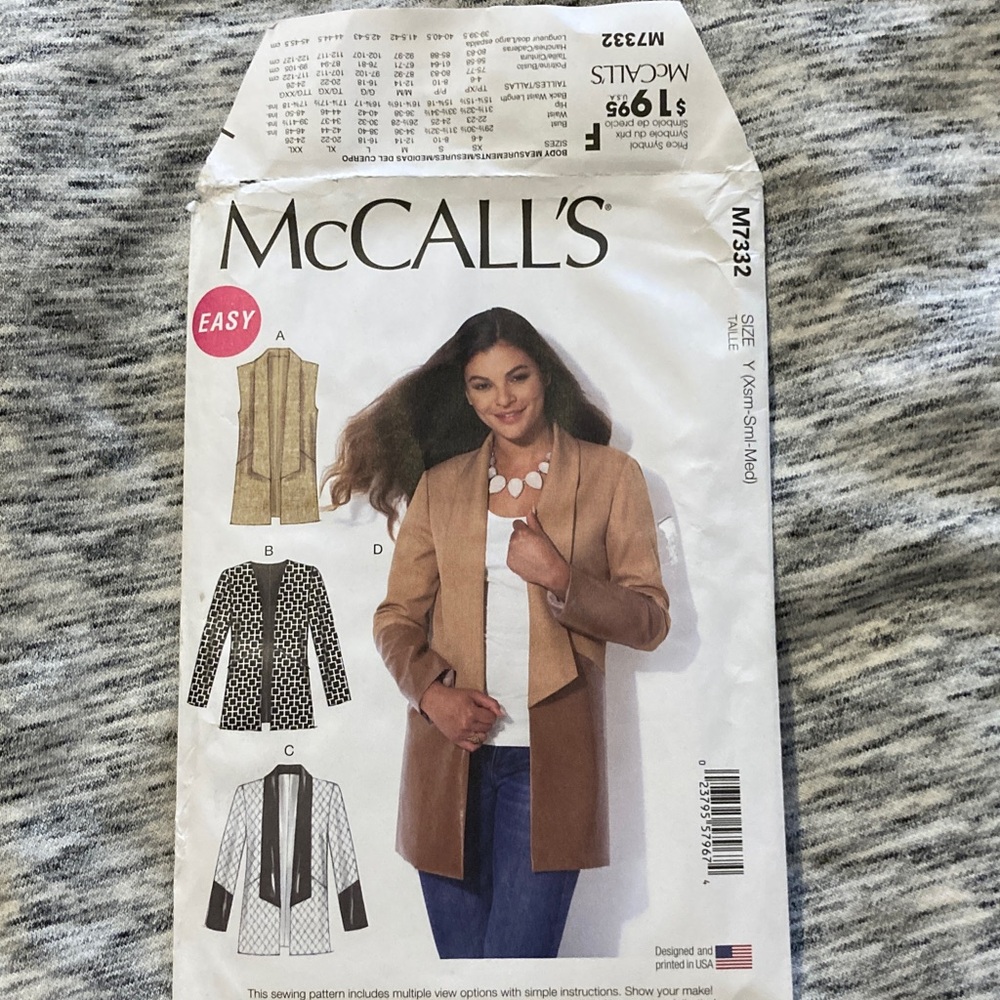 Women's M7332 open front blazer jacket vest  XS S M  uncut